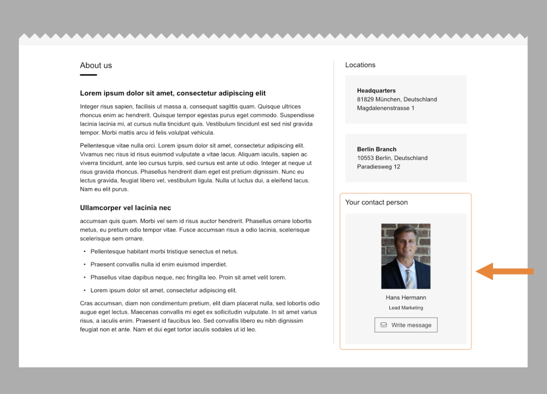 A section of the website with the text About on the left and a sidebar on the right showing the offices and a contact, Hans Hermann, with a photo and a Write a message button. An orange arrow points to the Contact section.