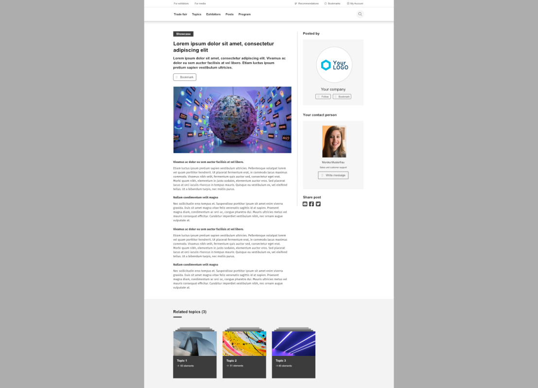 Screenshot of a webpage displaying an article with a headline, a world globe image surrounded by digital screens, author information, related posts, company logo, and sidebar with a profile photo.