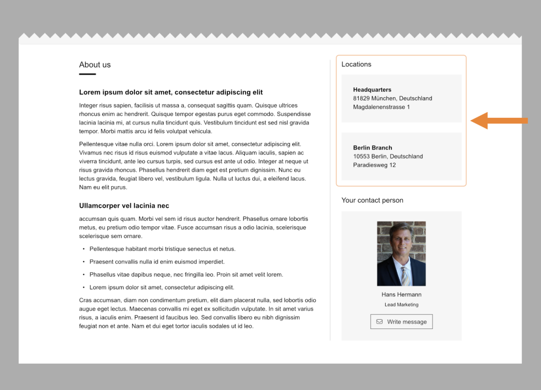 A website contact page featuring the companys address, a profile photo, and contact information, along with sections with placeholder text. An orange arrow points to the companys headquarters address.