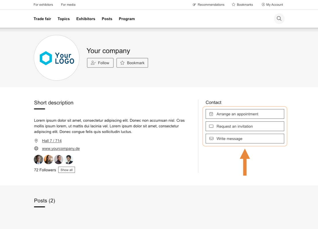 A business profile page displays a logo, name, brief description, website link, and contact options, including Arrange a meeting, Request an invitation, and Write a message, with an orange arrow pointing to Write a message.