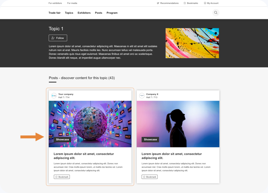 Screenshot of a webpage displaying a highlighted post featuring a colorful sphere in a room with screens, and another post with silhouettes of two people. Both have Showcase labels and sample text beneath the images.