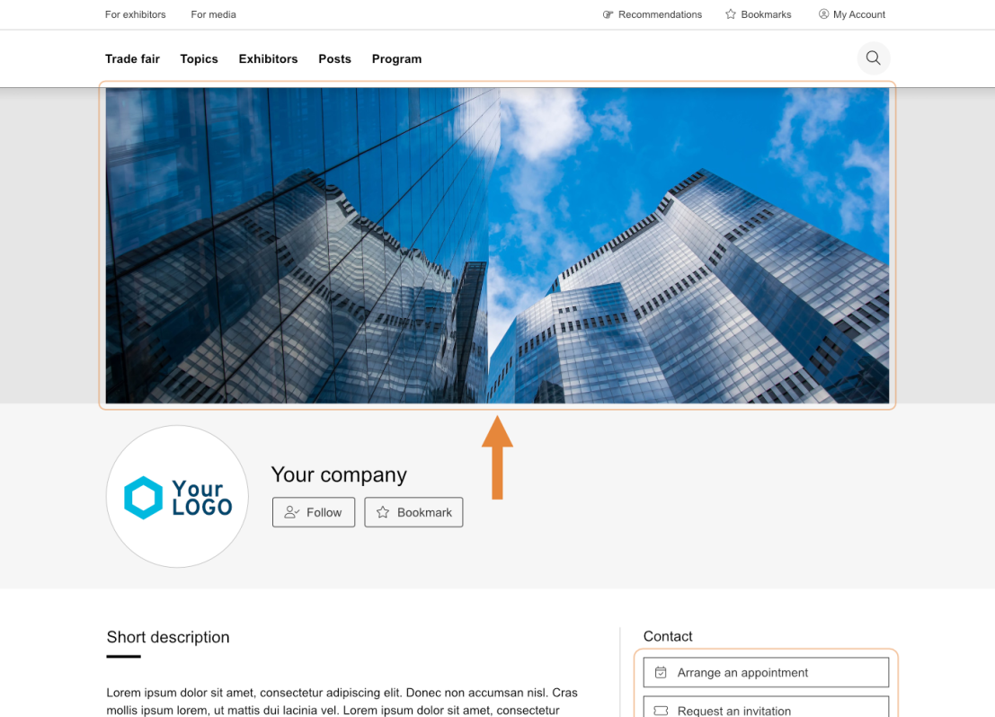A website profile page shows a large photo of tall, modern glass buildings reflecting the sky. Below is a logo, company name, buttons for follow and bookmark, and sections for description and company information.