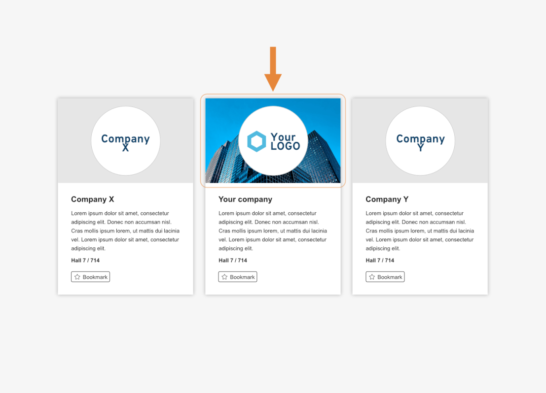 Three company profile cards are shown side by side. The center card is highlighted with an orange arrow above it. It features a blue logo, company name, and sample description. The left and right cards are grayed out.