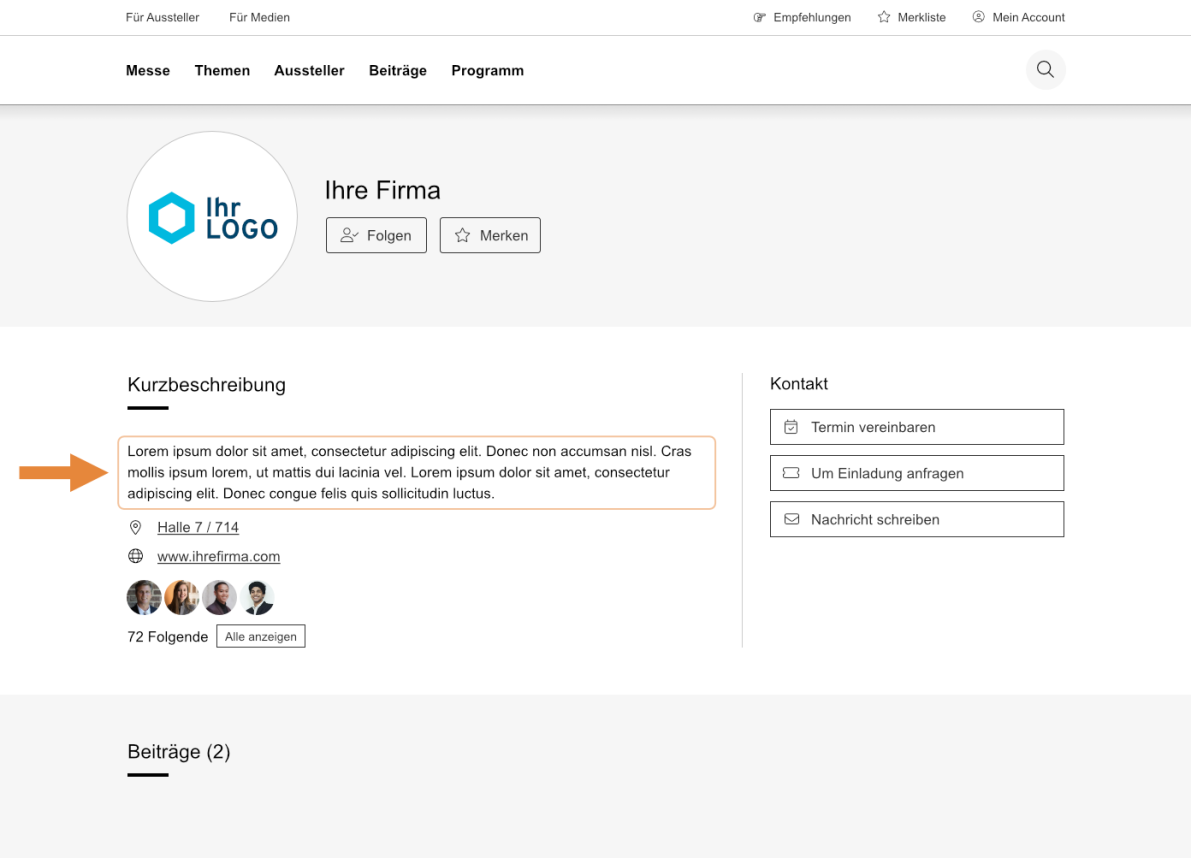 Eine Unternehmensprofilseite mit Logo, Firmenname, Kurzbeschreibung (hervorgehoben durch einen orangefarbenen Pfeil), Follower-Anzahl, Kontaktmöglichkeiten und zwei Beiträgen am unteren Rand. Das Layout ist strukturiert und minimalistisch.