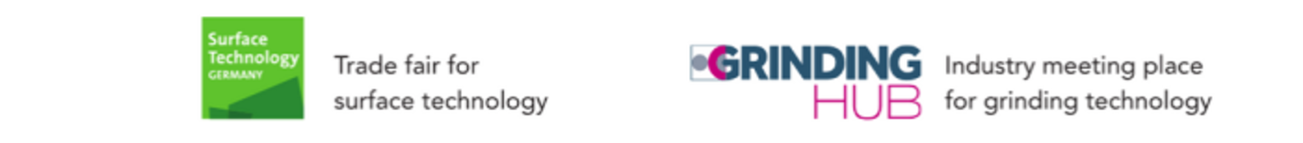 Two logos: one for “Surface Technology GERMANY” with the text “Trade fair for surface technology”, and another for “GRINDING HUB” with the text “Industry meeting place for grinding technology”.