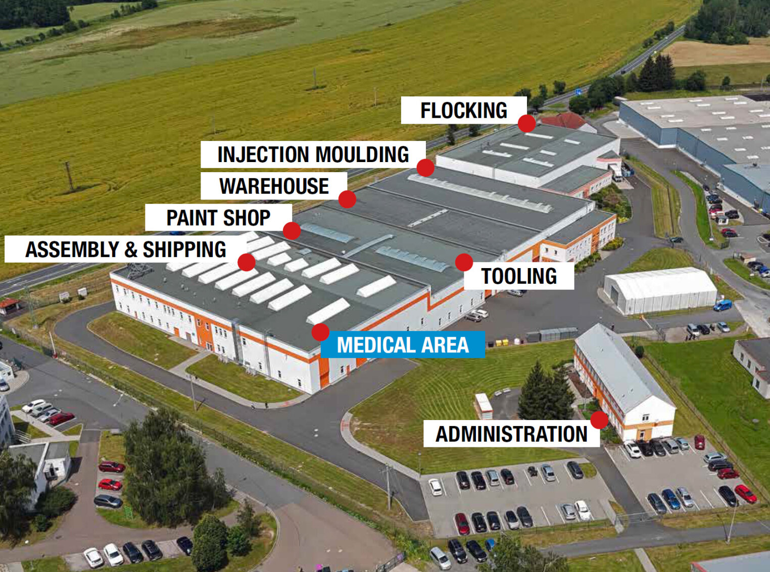 Aerial view of an industrial plant with labeled areas: Flocking, injection molding, warehouse, paint shop, assembly and shipping, tooling, medical and administration. Several cars are parked outside.