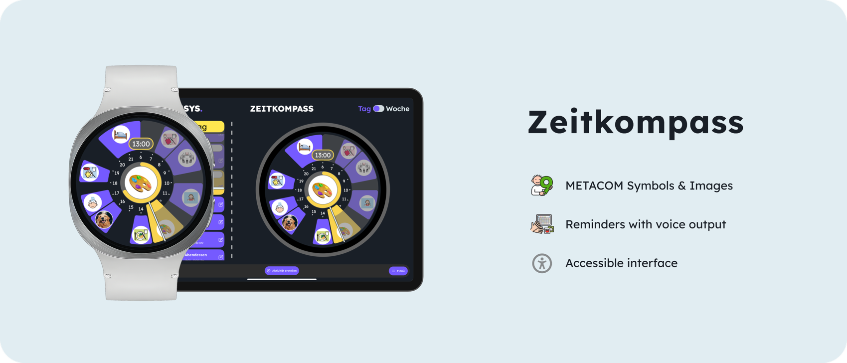 Smartwatch and tablet display a circular schedule interface with icons for tasks and times. Text highlights features: METACOM symbols, reminders with voice output, and accessible design. Zeitkompass is the main heading on the image.