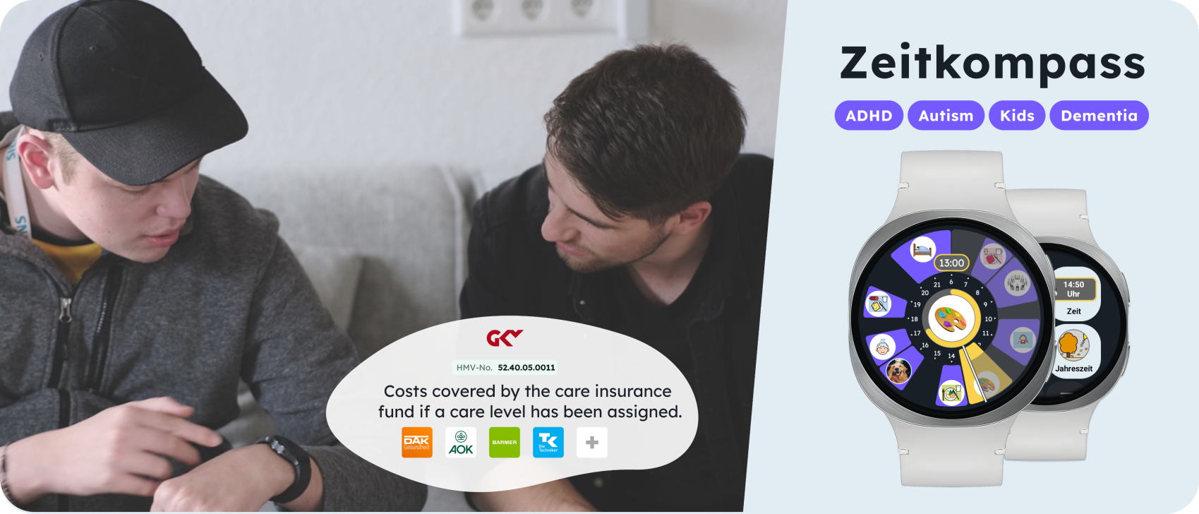 Two young men look at a smartwatch. Overlay: Zeitkompass with tags ADHD, Autism, Kids, Dementia. Smartwatch screens show colorful apps. Text explains care insurance may cover costs. Multiple insurance logos displayed.
