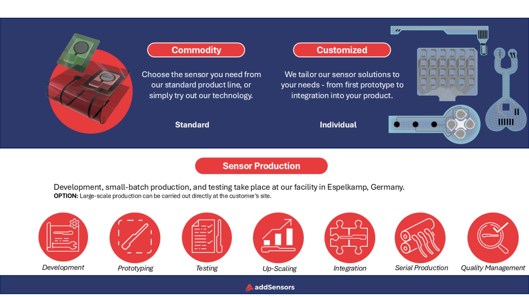 Infographic showing commodity vs. customized sensor solutions, with icons representing standard and individual options. Below are icons and labels for steps: Development, Prototyping, Testing, Up-Scaling, Integration, Serial Production, Quality Management.