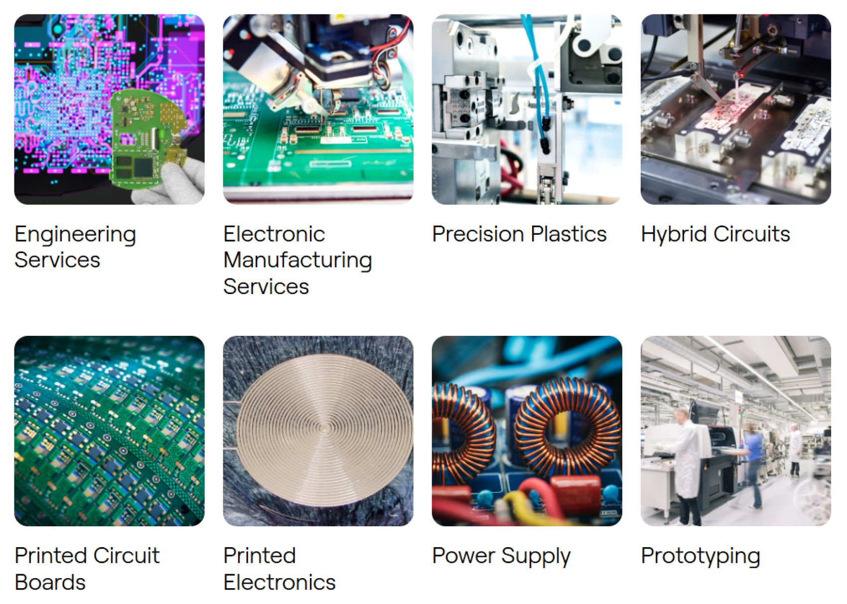 A collage of eight images showing services: engineer holding a circuit board, robotic arms assembling electronics, plastic part machinery, hybrid circuits manufacturing, circuit boards, printed electronics, power supply components, and people prototyping.